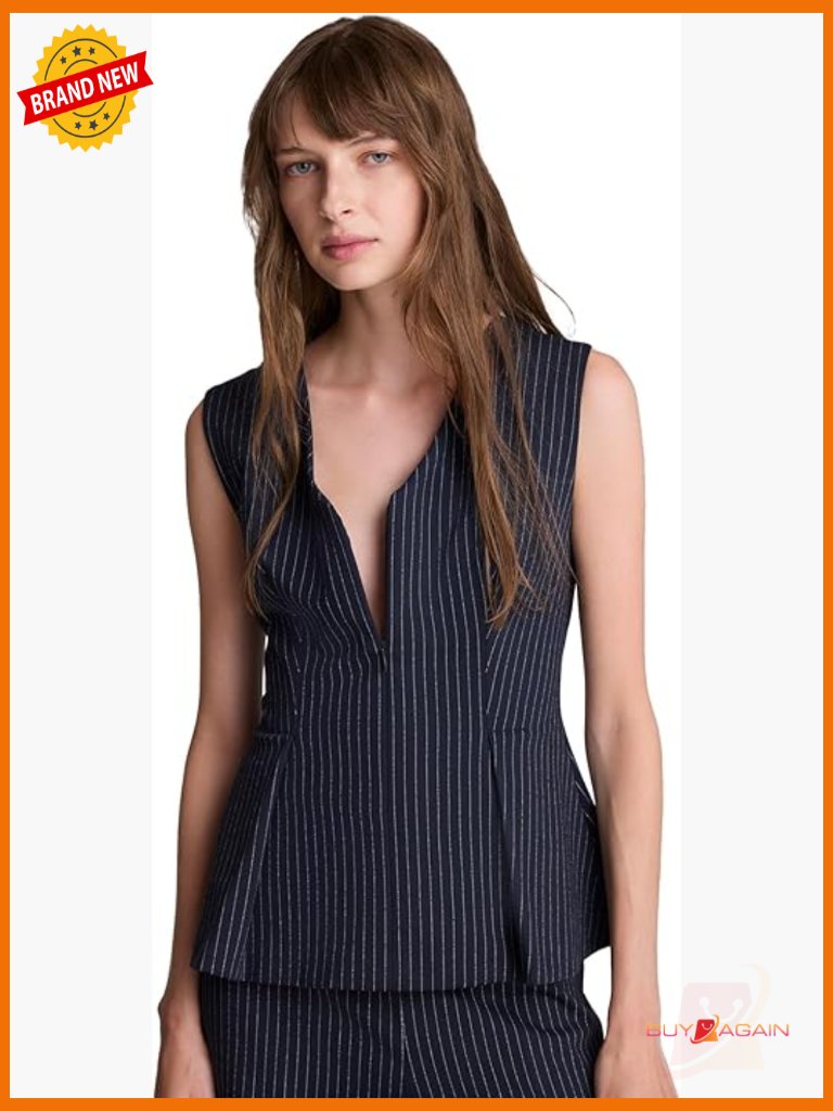 Sleeveless V-Neck Pinstriped Peplum Top, Wrinkle-Resistant Fabric
